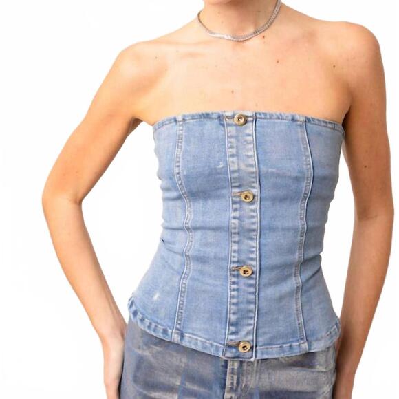 NEW AMYLYNN mimi metallic stretch denim bandeau top in light blue - Picture 4 of 4